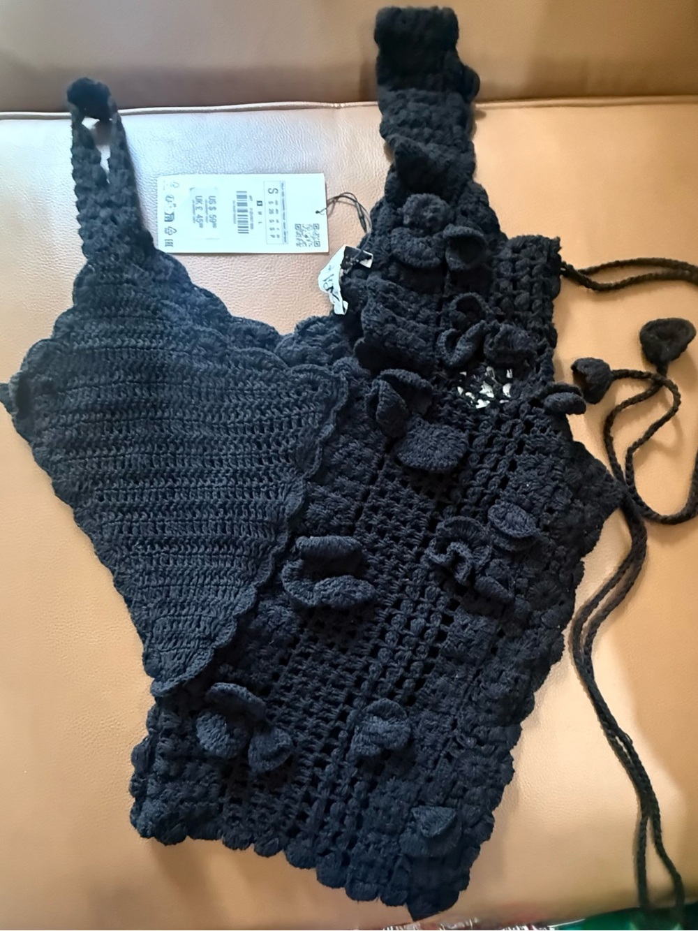NWT size S Zara Black Crochet asymmetrical top with 3D floral Details